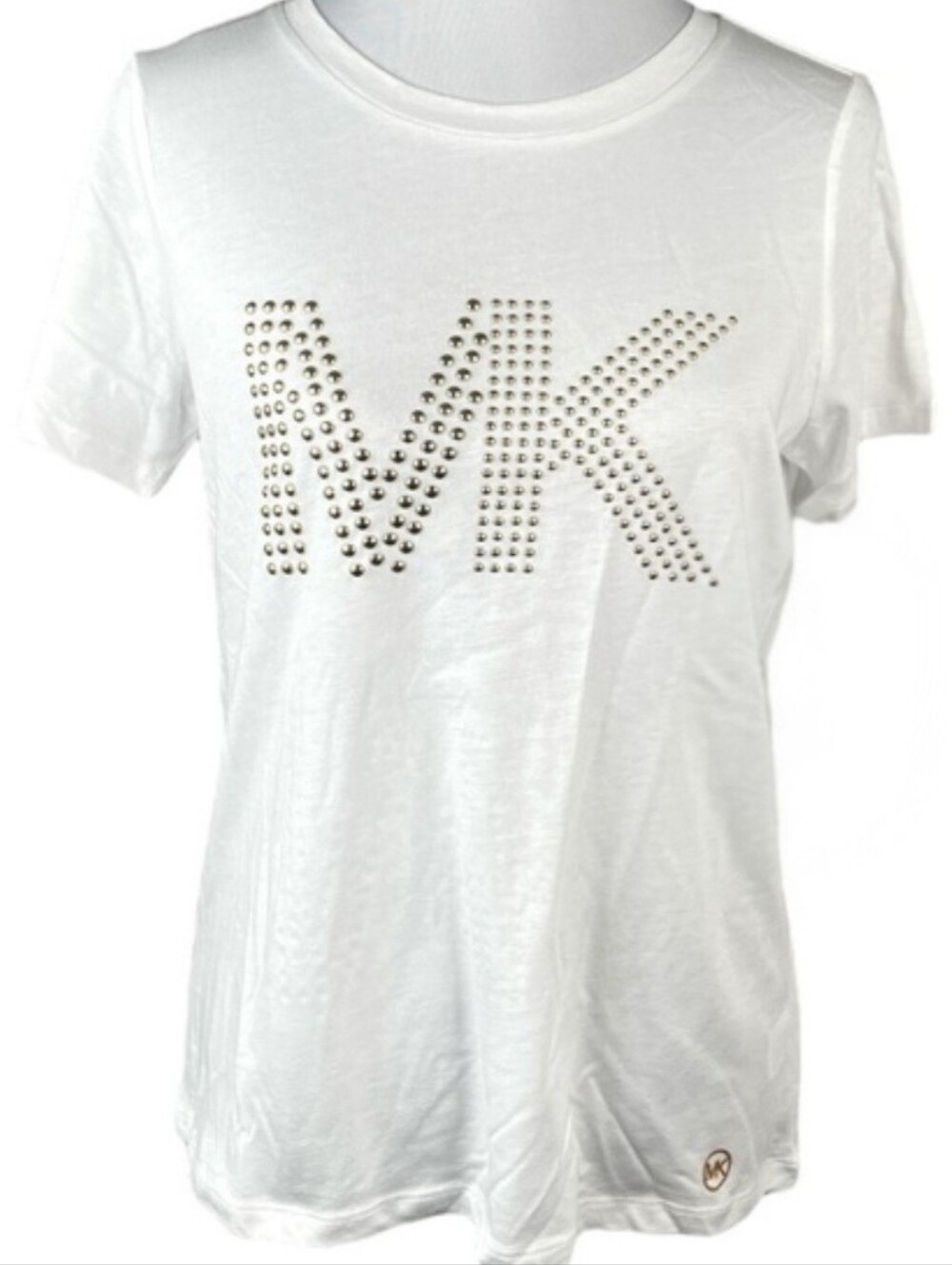 Michael Kors White Short Sleeve Tee with Gold Tone Studded MK Logo. Women's XL.